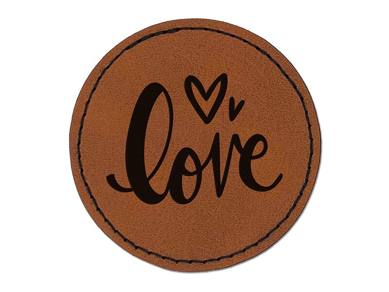 Handwritten Love Script with Hearts Round Iron-On Engraved Faux Leather ...