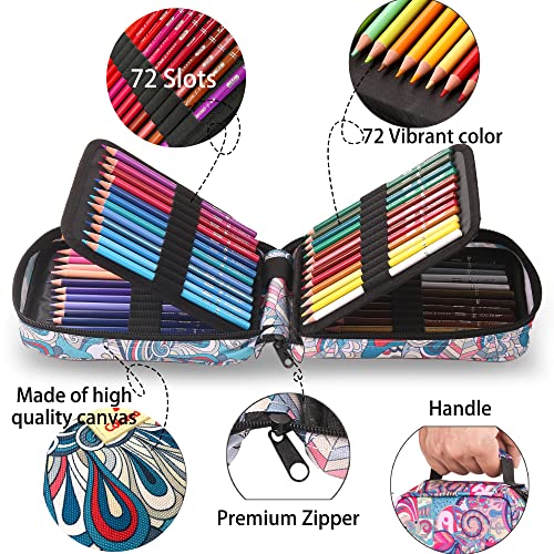 Premium Colored Pencils for Adult Coloring Book,Set of 72 Colors,Zipper Pencil Slot Case,with Sharpener,Soft Core,7 Metallic Color,Ideal for Layering Blending,for Artists Beginners Kids(Blue)