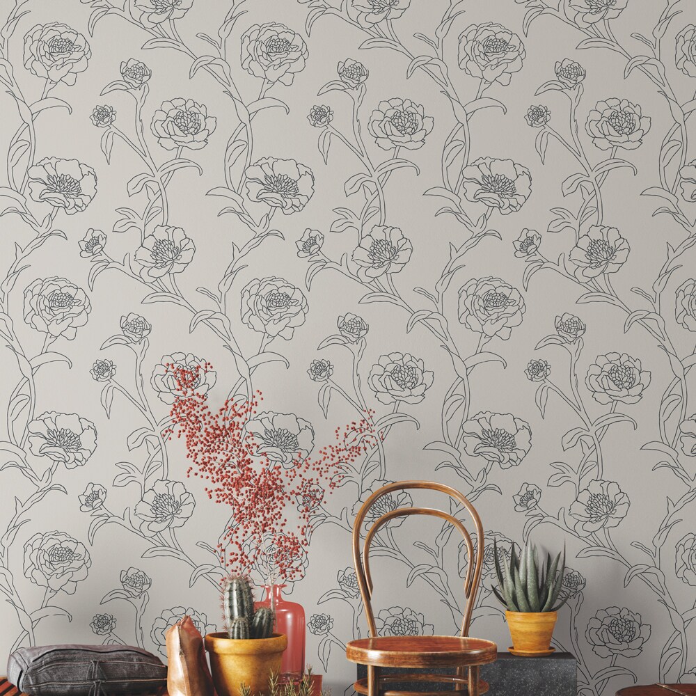 Tempaper Peonies Peel and Stick Wallpaper White/Metallic Black
