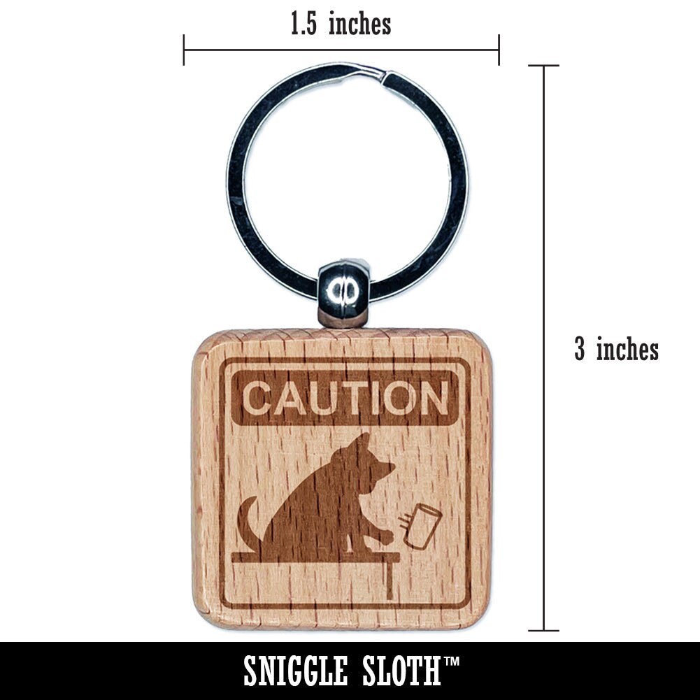 Caution Cat Knocks Things Over Engraved Wood Square Keychain Tag Charm