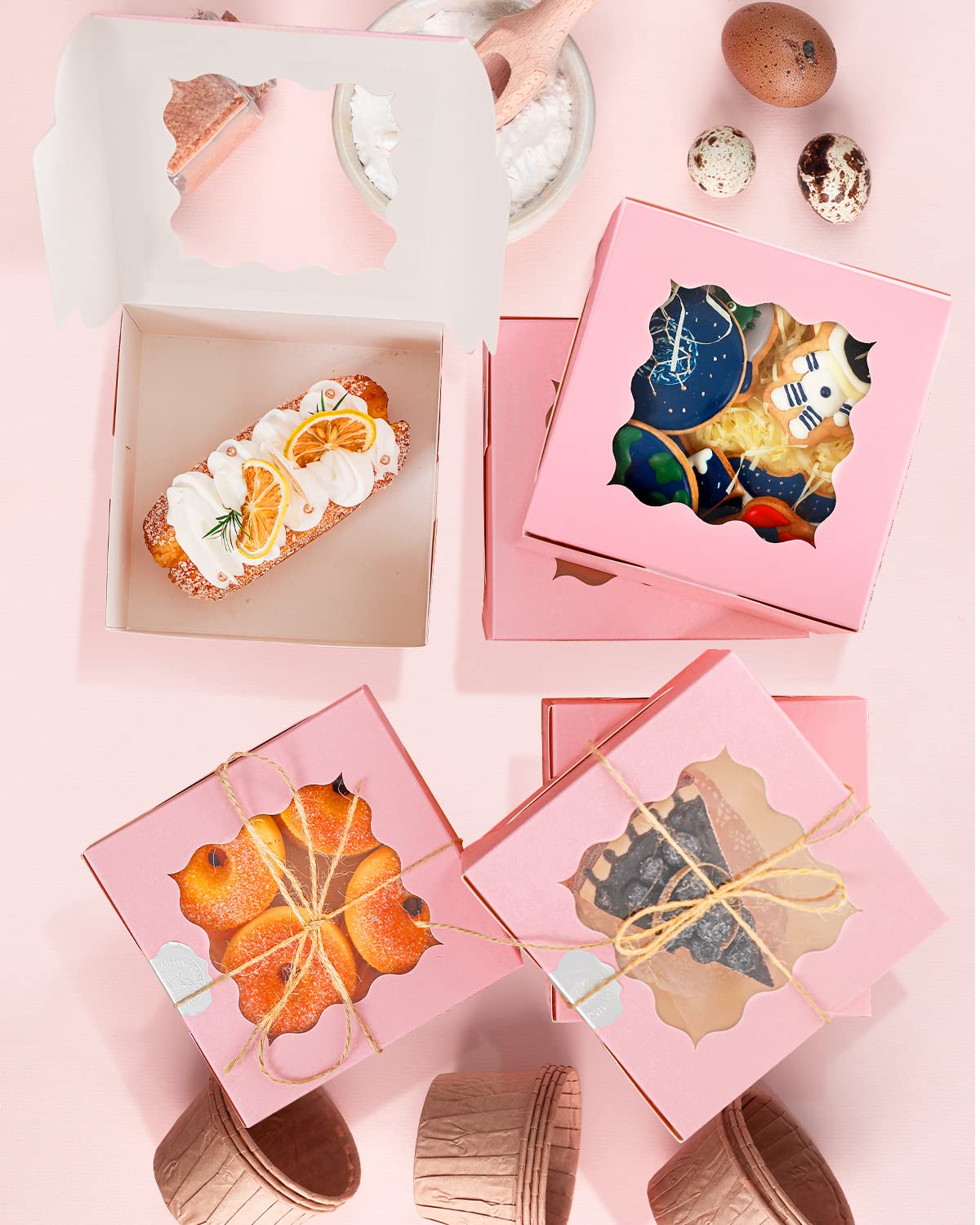 60 Pieces Pink Bakery Box with Window  6x6x3 Pink Cookie Boxes Pastry Box for Wedding Favor Birthday &#xFF06; Party