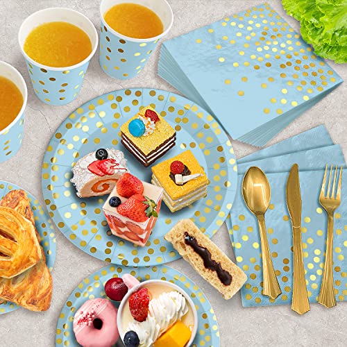 350 Pieces Blue and Gold Party Decorations 50 Guests Blue Paper Plates Plastic Forks Knives Spoons &#x26; Golden Dot Blue Party Plates Napkins Cups for 2023 Graduation Decorations Baby Shower Boy Birthday