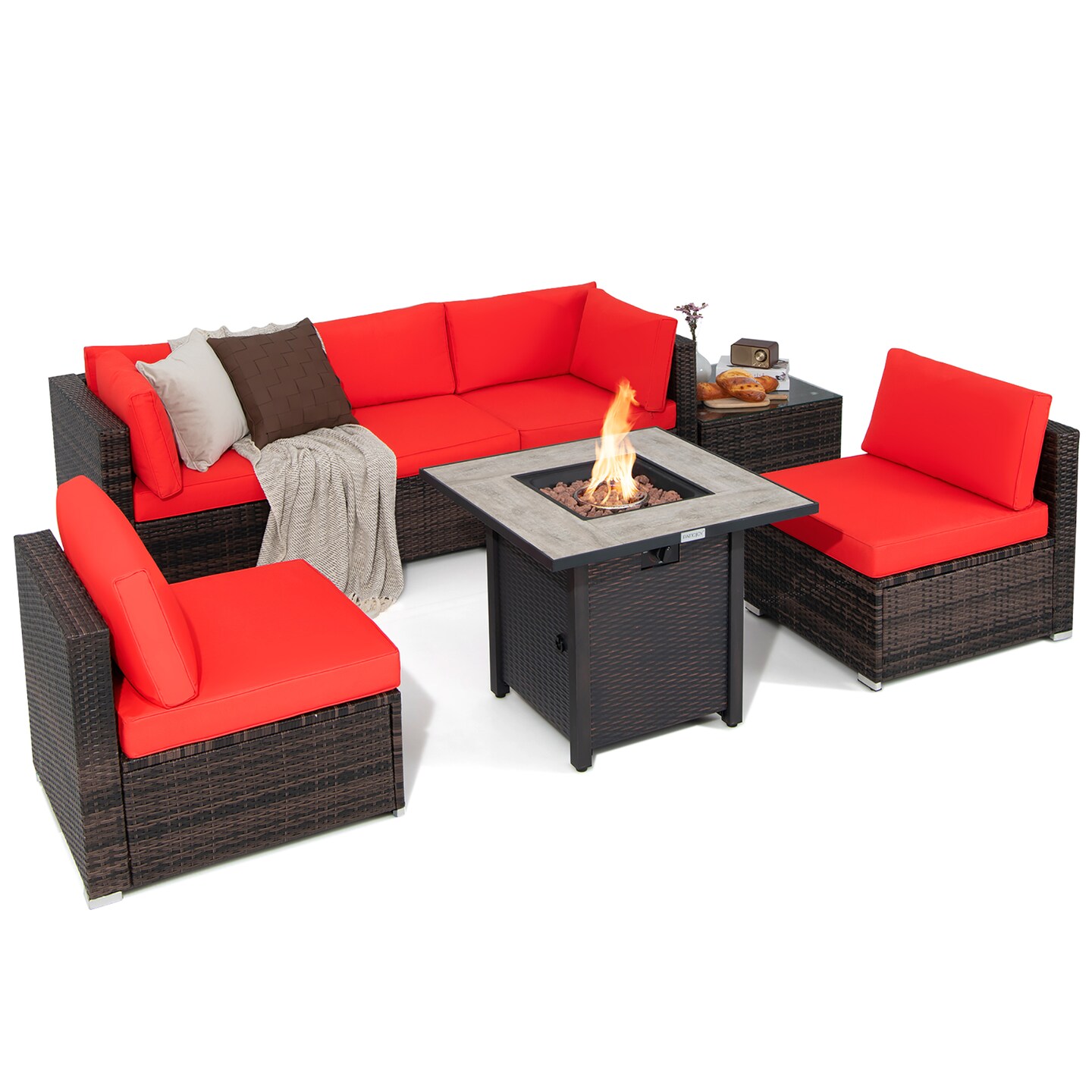 Costway 7PCS Patio Rattan Furniture Set 30'' Fire Pit Table Cover Cushion Sofa Off White\Black\Navy\Red\Turquoise