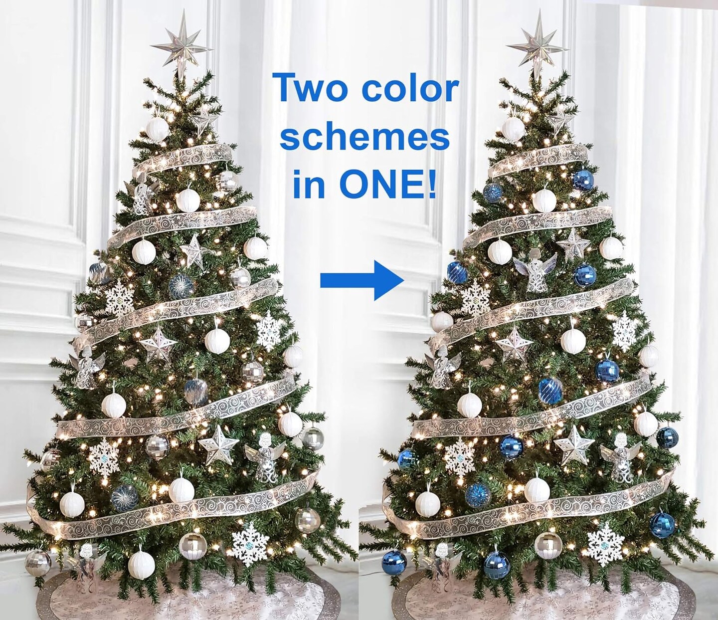 Pop-up Christmas Ornaments Set 41 ct; COLLAPSIBLE Xmas Tree Kit, Silver White Blue