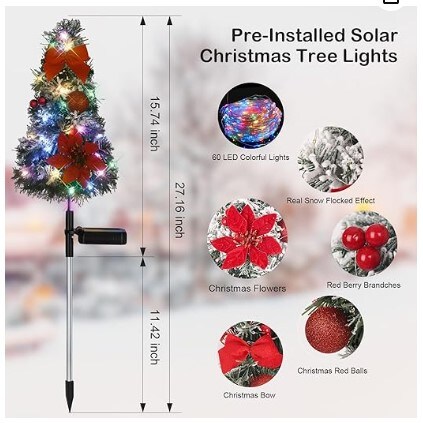 2 Pack 27.16 IN Solar Christmas Tree Lights Decorations Outdoor Waterproof Small Artificial Christmas Tree Decorative Lights, 2 Lighting Modes, Xmas Pathway Lights for Garden Patio Cemetery Decor