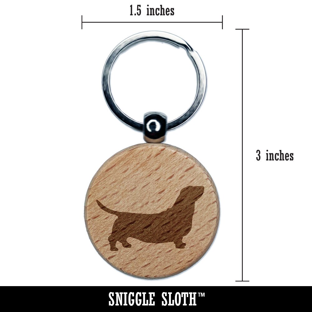 Basset Hound Dog Solid Engraved Wood Round Keychain Tag Charm