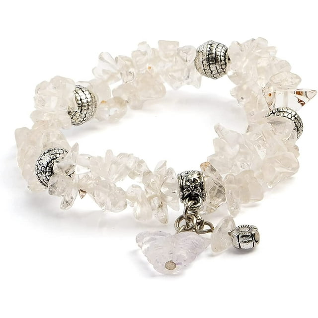 Earth&#x27;s Jewels Semi-Precious Natural Crystal Quartz Clear 2-Strand Bracelet, Butterfly Charm