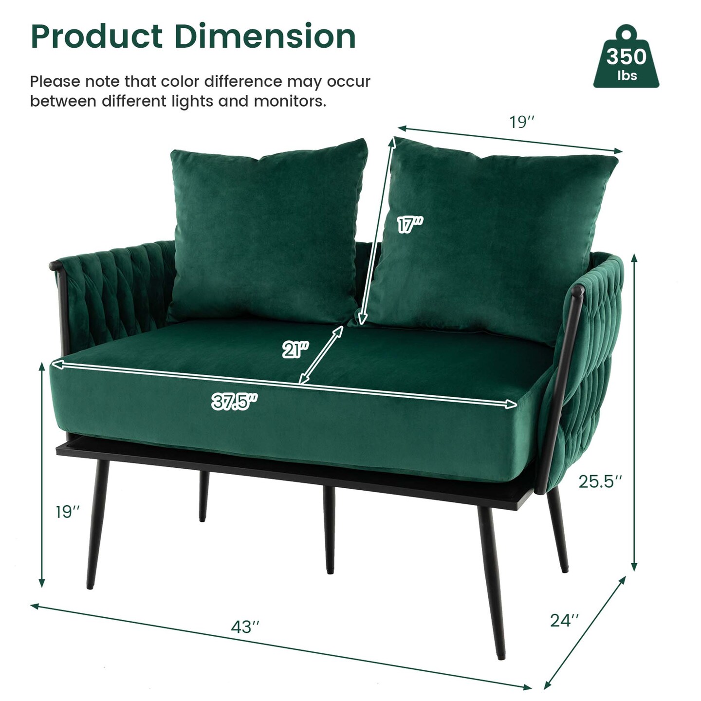 Costway Modern Loveseat Sofa Upholstered Dutch Velvet Couch with Woven Back &#x26; Arms Green/Grey