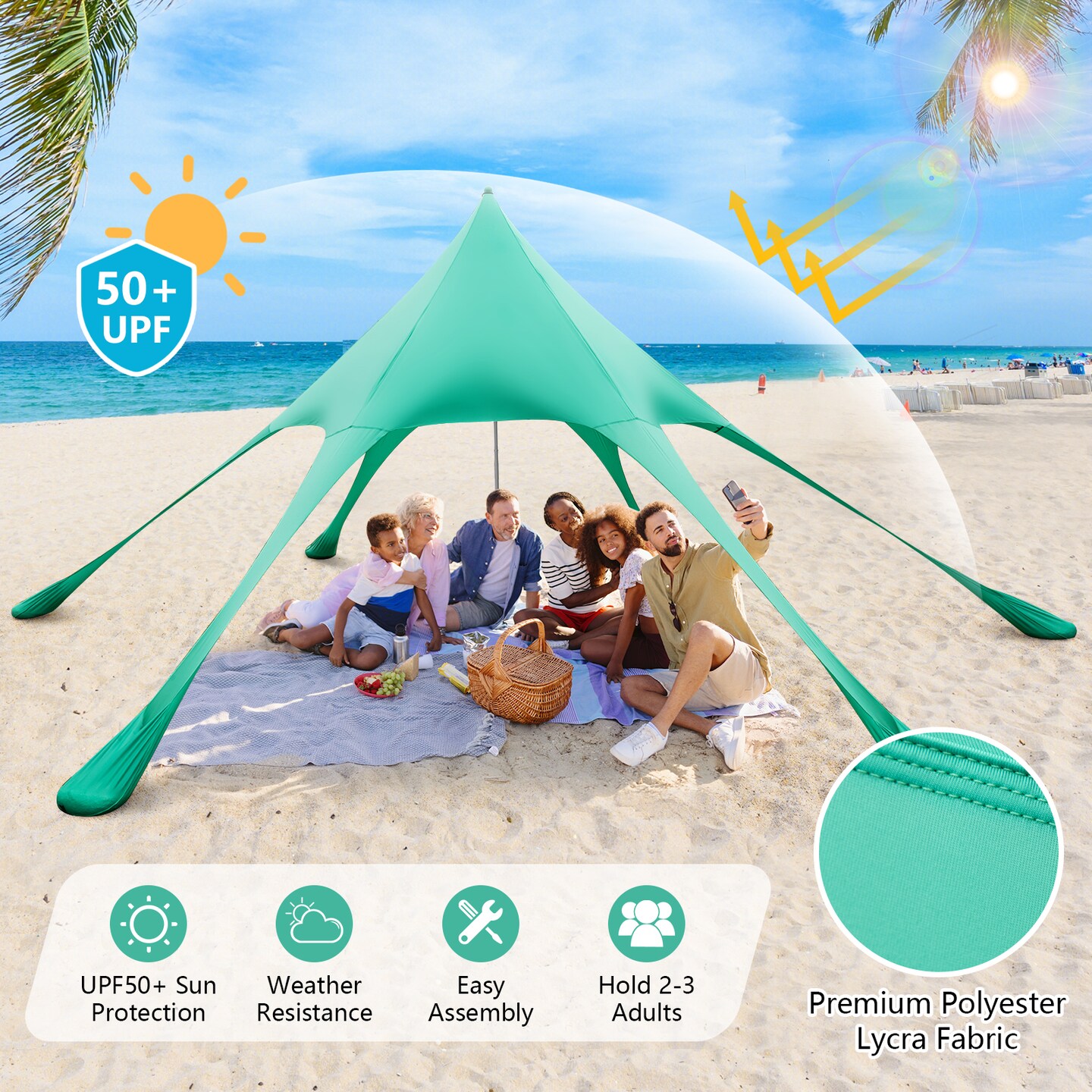 Beach Canopy Tent with UPF50+ Sun Protection and Shovel
