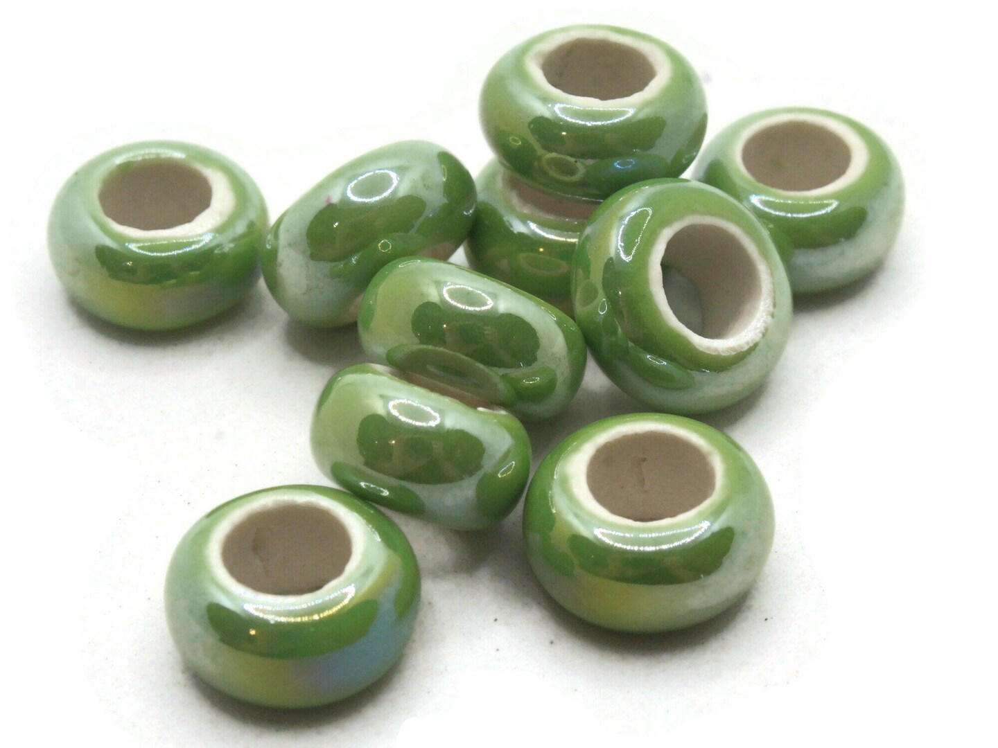 10 13mm Green Porcelain Rondelle Large Hole High Luster Beads