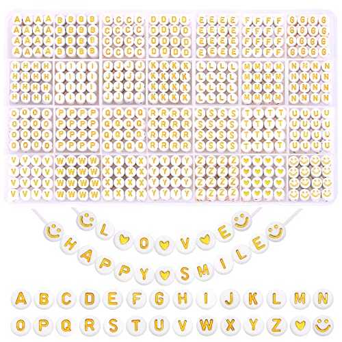 XIMISHOP 1400pcs Round Letter Beads for Jewelry Making, 28 Style Gold A-Z Alphabet Acrylic Beads Kits Heart Beads for Bracelets Making (4 * 7mm)