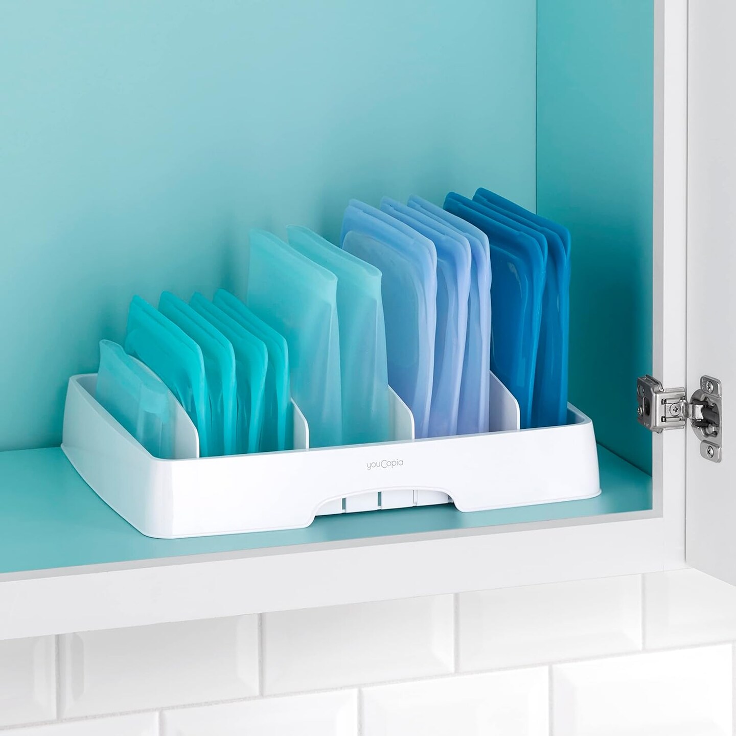 Food Container Lid Organizer, Large, BPA-Free Adjustable Plastic Lid Storage for Kitchen Cabinet and Drawer Organization, White