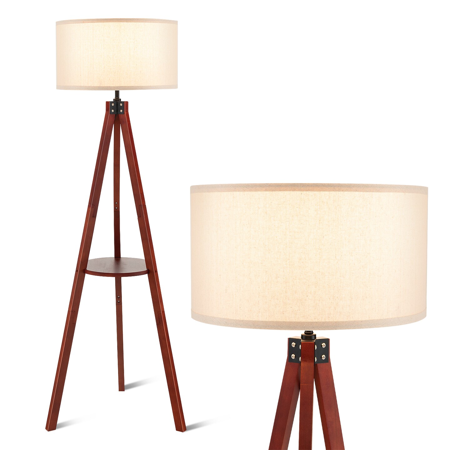 Brown Rubber Wood Linen Tripod Floor Lamp with Shelf and E26 Socket for Living Room and Bedroom