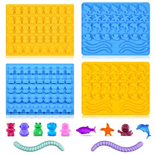 Gummy Bear Mold Candy Molds - Chocolate Molds Including Bears, Frogs, Lions, Monkeys, Penguins, Worms, Starfishs, Dolphins, Octopus, Sharks Sea Mold BPA Free Set of 4 Silicone Molds