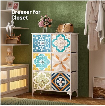 Mediterranean Style Dresser with 6 Drawers, Chest of Drawers with Wood Top & Knob, for Living Room, Bathroom, Guest Room, Dorm, Sea White