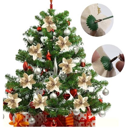 Glitter Poinsettia Christmas Tree Ornaments 10PCS,Artificial Poinsettia Flowers 6&#x22; Wide Xmas Tree Ornaments for Xmas Tree Wreaths Garland Wedding Decorations for the Holiday Season (Gold)