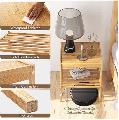 Set of 2 Bamboo Nightstands, Square Bedside Table with Storage Shelf, Natural Wood End Side Table for Bedroom Home Office, Simple Assembly (2)