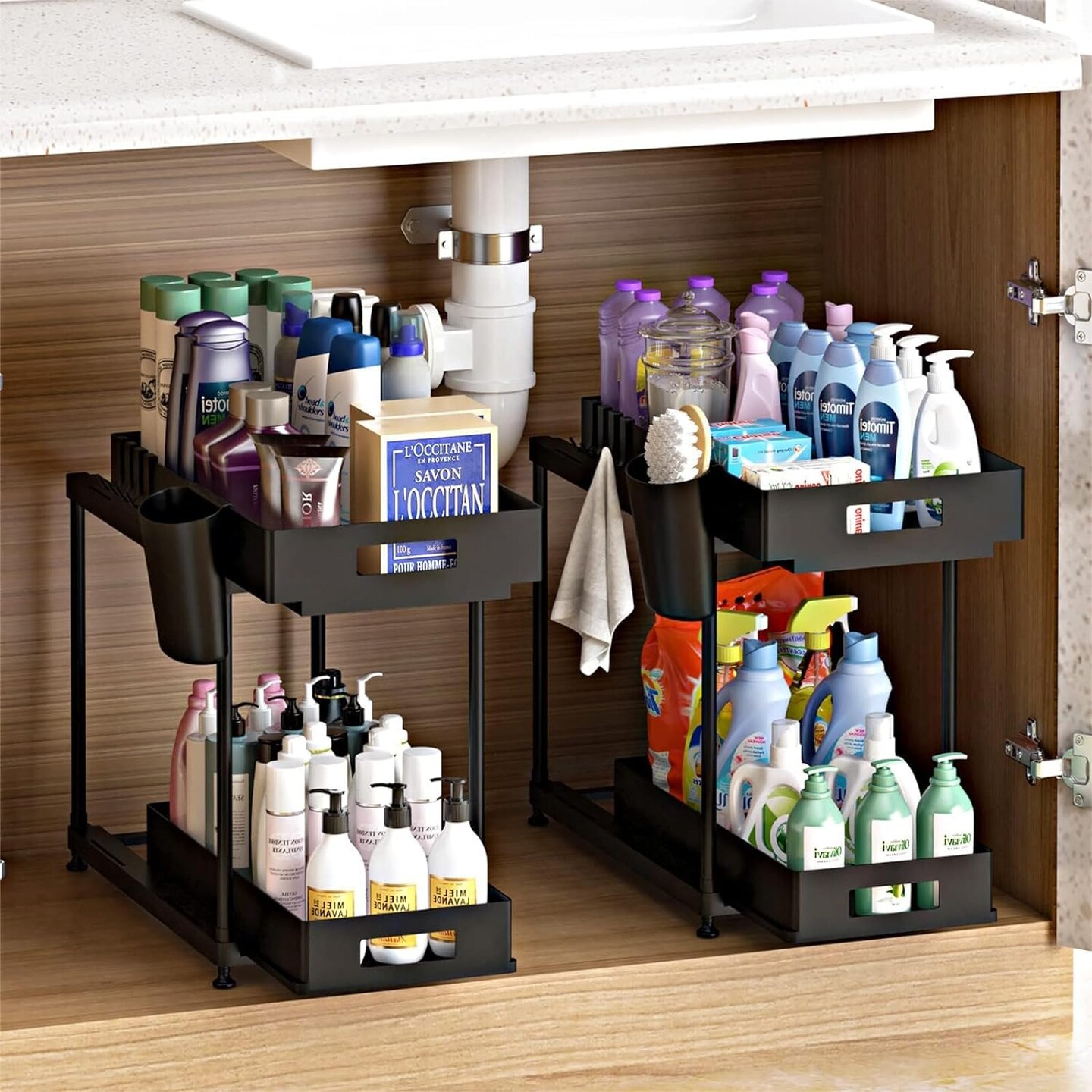 Double Sliding 2PC Under Sink Organizer, 2 Tier Bathroom Organizer with 2  Cup 8 Hooks, Multi-purpose Under Cabinet Storage Rack, Under Sink  Organizers and Storage for Home Kitchen Organization