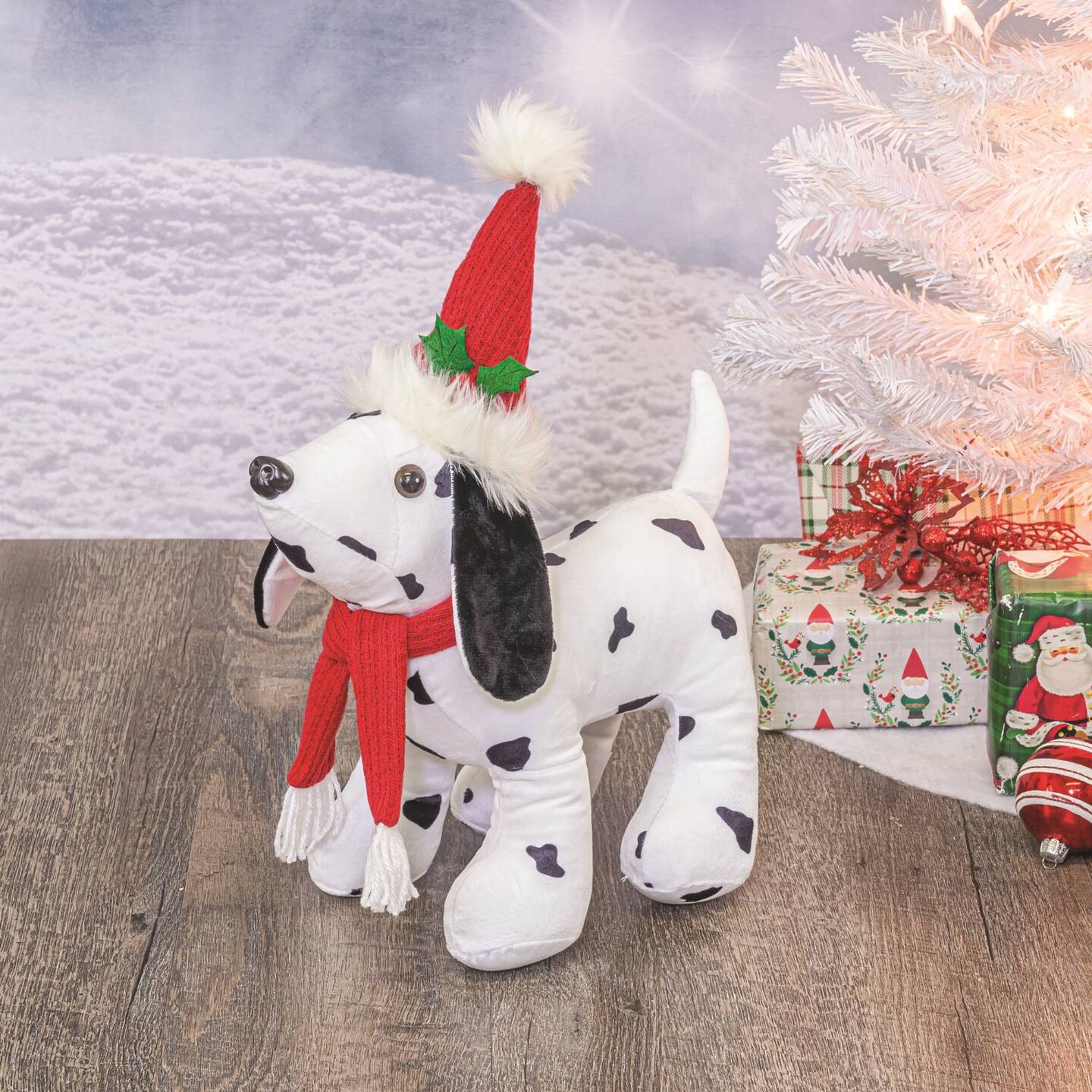 Santa Dog Christmas Plush Decor with Soft, White, Fuzzy Trimmed Knit Santa Hat and Scarf, Freestanding, 12.25 inch