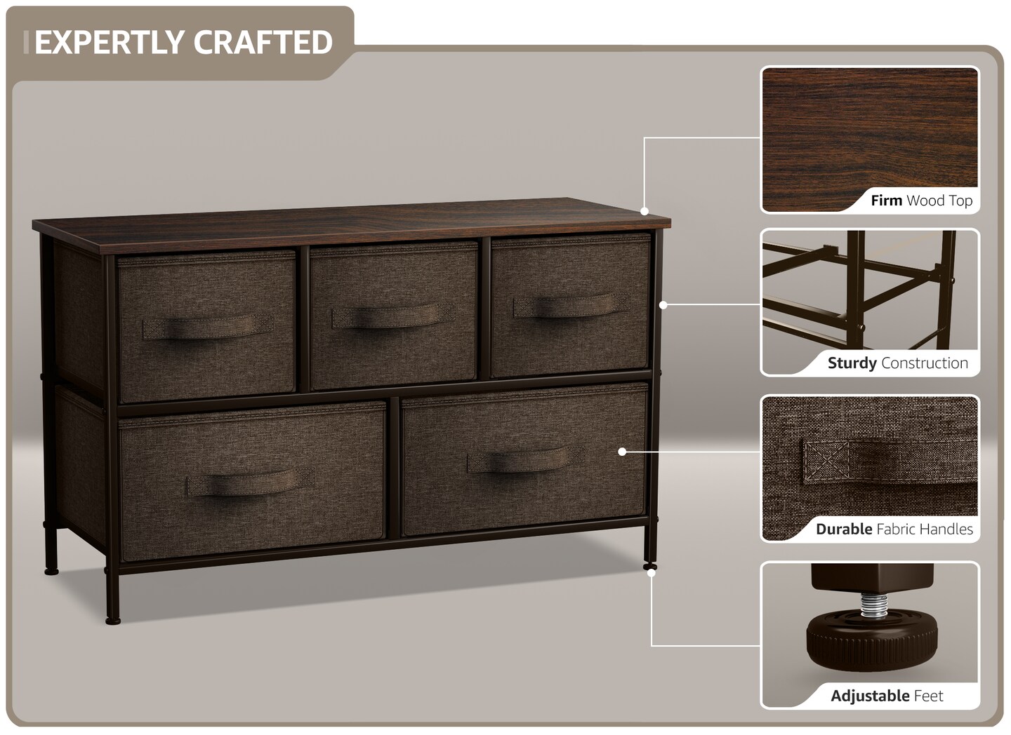Sorbus Dresser with 5 Drawers - Storage Chest Organizer Unit with Steel Frame, Wood Top, Easy Pull Fabric Bins - Long Wide TV Stand for Bedroom Furniture, Hallway, Closet & Office Organization