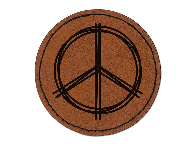 Sketchy Peace Sign Doodle Round Iron-On Engraved Faux Leather Patch Applique - 2.5&#x22;
