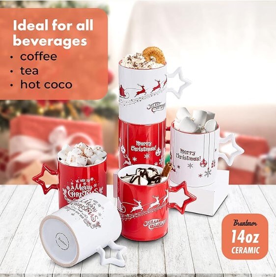 Set of 6 Red and White Christmas Coffee Mugs with Star Handles | Large-sized Christmas Mugs 14 Ounce Novelty Christmas Cups for the New Year - Decorative DIY Cute Christmas Mugs For Hot Or Cold Drinks