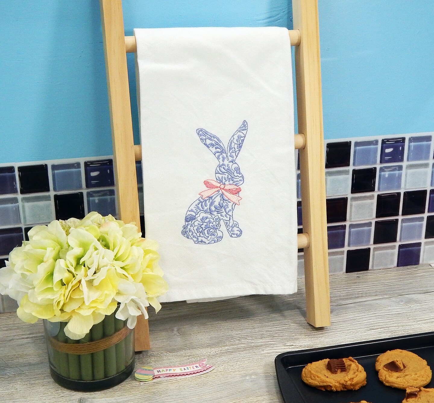 Blue Rabbit Easter Embroidered Tea Towel - Chinoiserie Bunny - Spring Hare - Kitchen Decor - Holiday Dish Towel - Gift Idea - Blue Toile 285251553638940673