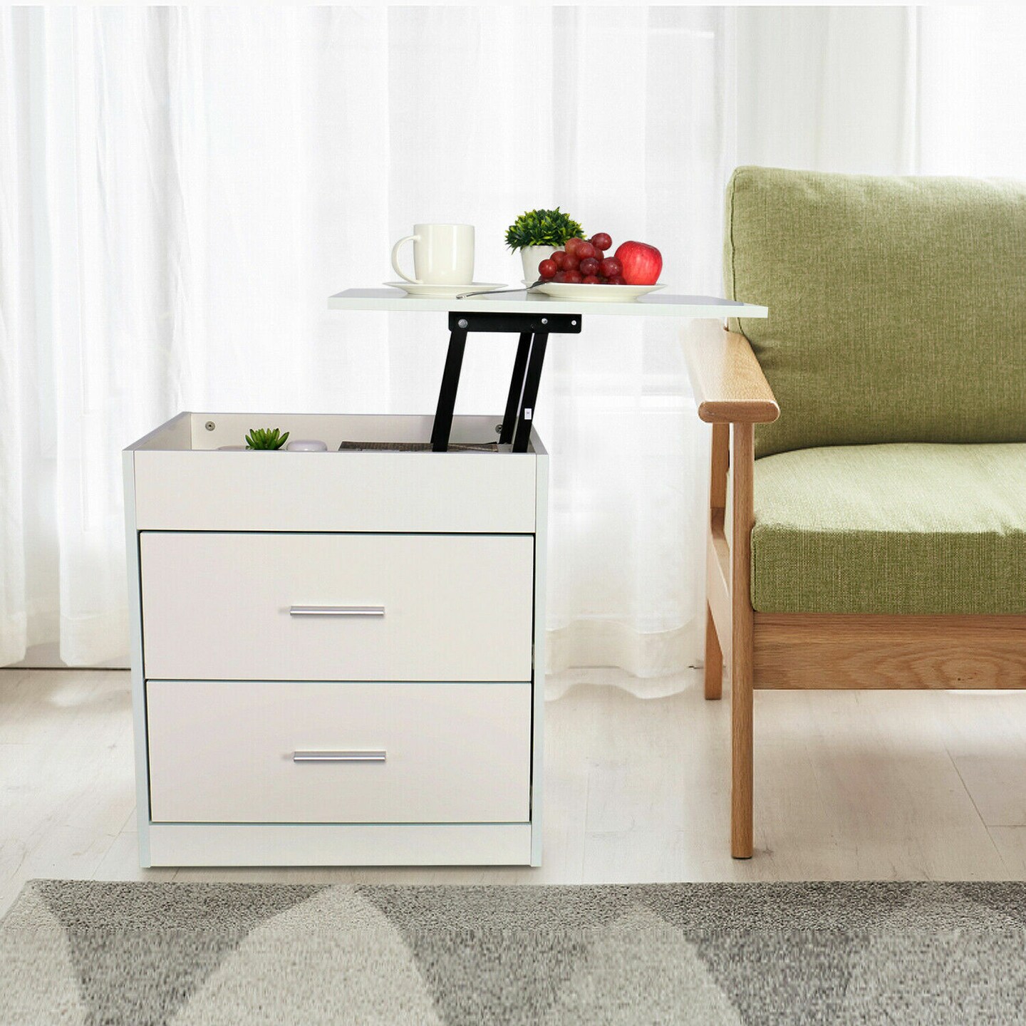 Wood Sofa End Side Bedside Table Nightstand Storage Shelf Lift Drawer