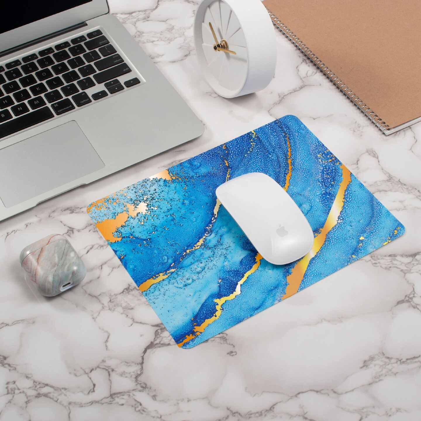 Marble Mouse Pad with Anti Slip Backing for Desktop, Blue &#x26; Gold
