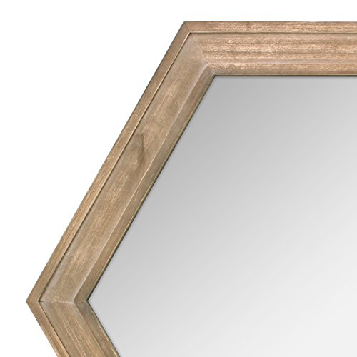 Decorative 24&#x22; Hexagon Hanging Wall Mirror with Natural Wood Frame and Attached Hanging Bracket, Rustic Farmhouse Decor for the Living Room, Bathroom, Bedroom, and Entryway Brown