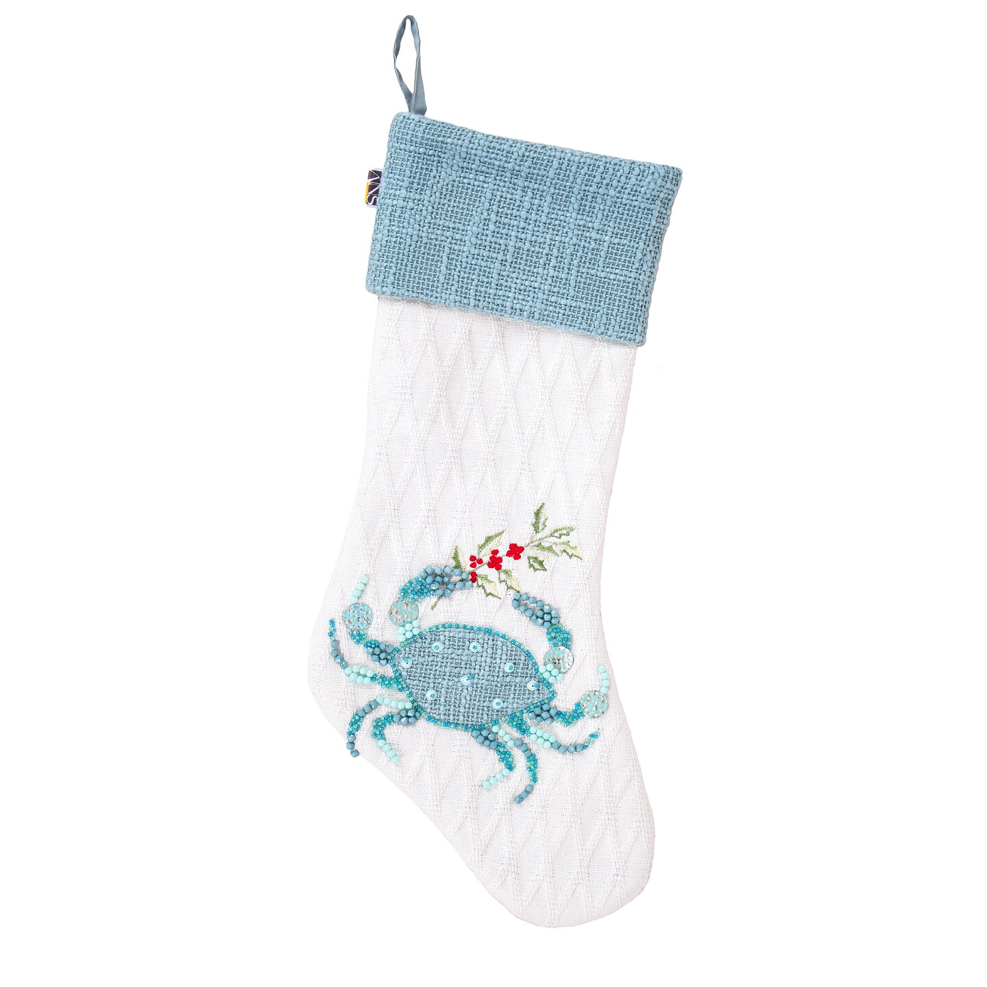 HGTV Home Collection by National Tree Company  Christmas Stocking, White, Coastal, Blue Crab, Embroidered, Blue Cuff, 20 Inch