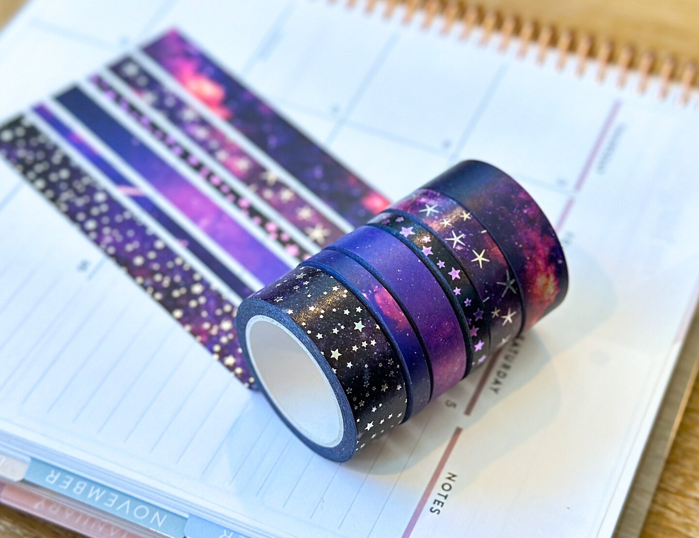 FOILED Galaxy Space Purple &#x26; Black Stars Celestial Astrology Washi Tape Set (#W011)
