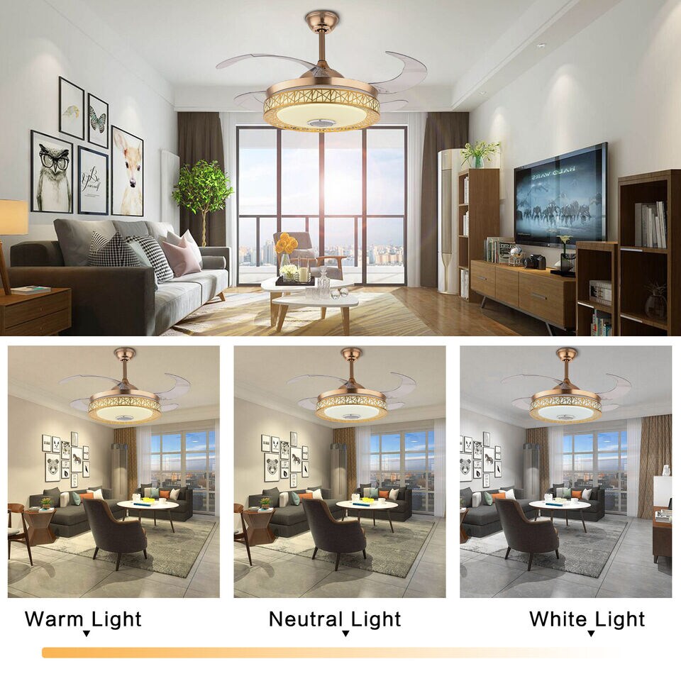 Kitcheniva Retractable Ceiling Fan Light With Bluetooth Music Player LED Chandelier Remote