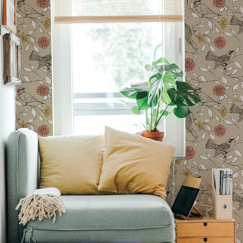 Tempaper Birds by Novogratz Peel and Stick Wallpaper Greige/Yellow