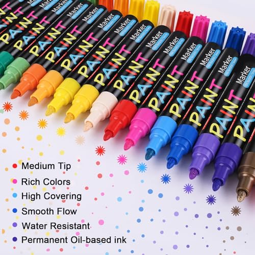 20 Colors Paint Pens Paint Markers, Oil-Based Waterproof Paint Marker Pen Set, Never Fade Quick Dry and Permanent, Works on Rocks Painting, Wood, Fabric, Plastic, Canvas, Glass, Mugs