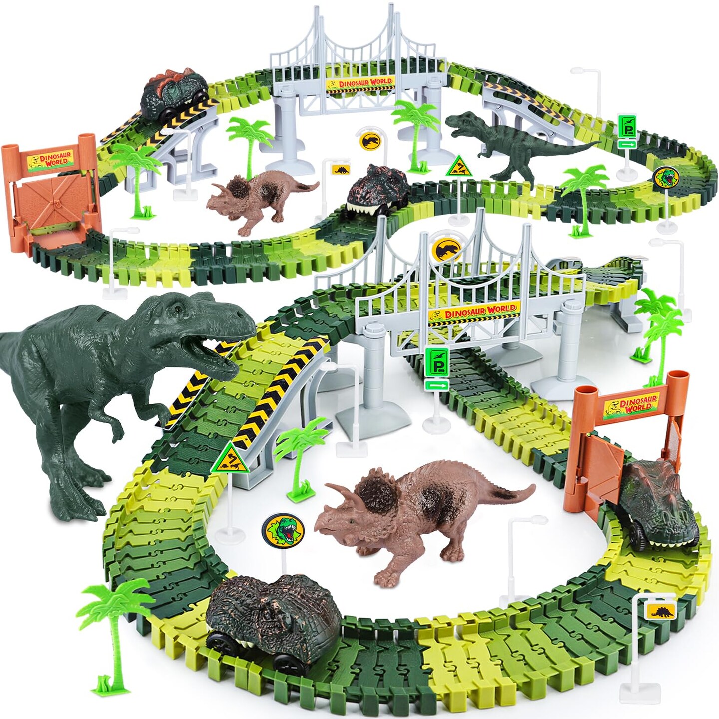 Dinosaur Toys,Create A Dinosaur World Road Race,Flexible Track Playset and 2 pcs Cool Dinosaur car for 3 4 5 6 Year & Up Old boy Girls Best Gift