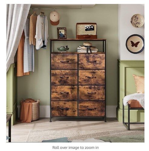Fabric Dresser with Open Shelves for Bedroom, Tall Dresser with Eight Drawers, Fabric Bin Storage Tower, Closet Chest of Drawers for Living Room, and Hallway Print with Rustic Brown Wood Grain