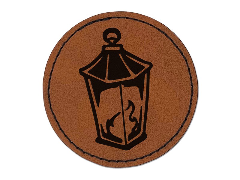 Lantern Lamp with Fire Round Iron-On Engraved Faux Leather Patch Applique - 2.5&#x22;