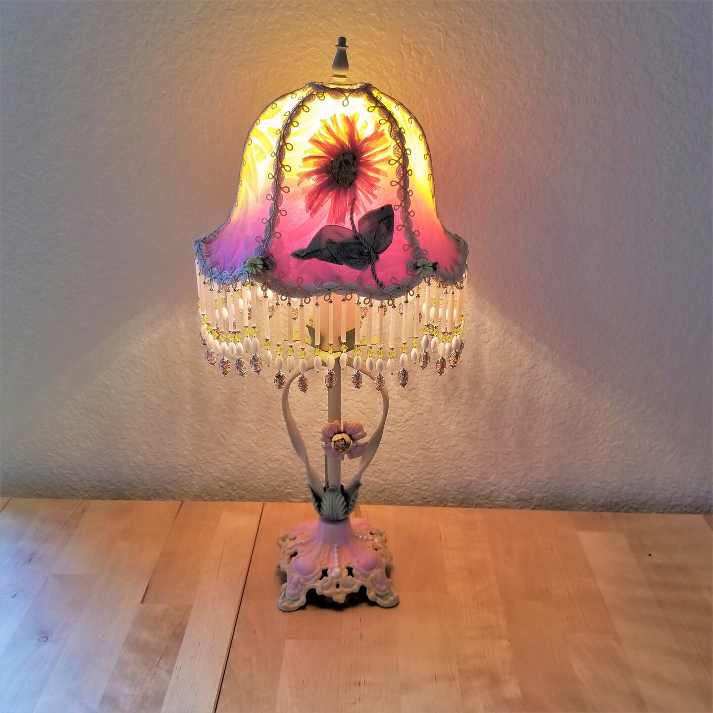 Hot Vintage Art Deco Beaded Fringe Table Lamp Boudoir Decor Lamp