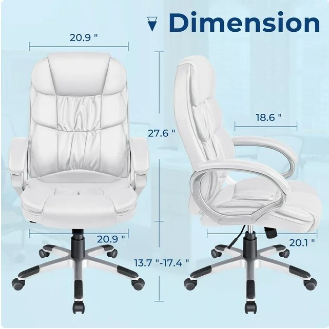 Adjustable Ergonomic Swivel Desk Chair with Lumbar Support and Armrest, White High Back Executive Chair PU Leather Business Manager&#x27;s Office Chair
