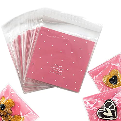 Artboil 100pcs Lovely Small Self Adhesive Treat Bag Cellophane Bag Cookie Bag, Homemade, Party, Wedding Favor Bag, for Bakery, Biscuit, Candy - Pink (3.94&#x22; x 3.94&#x22;)