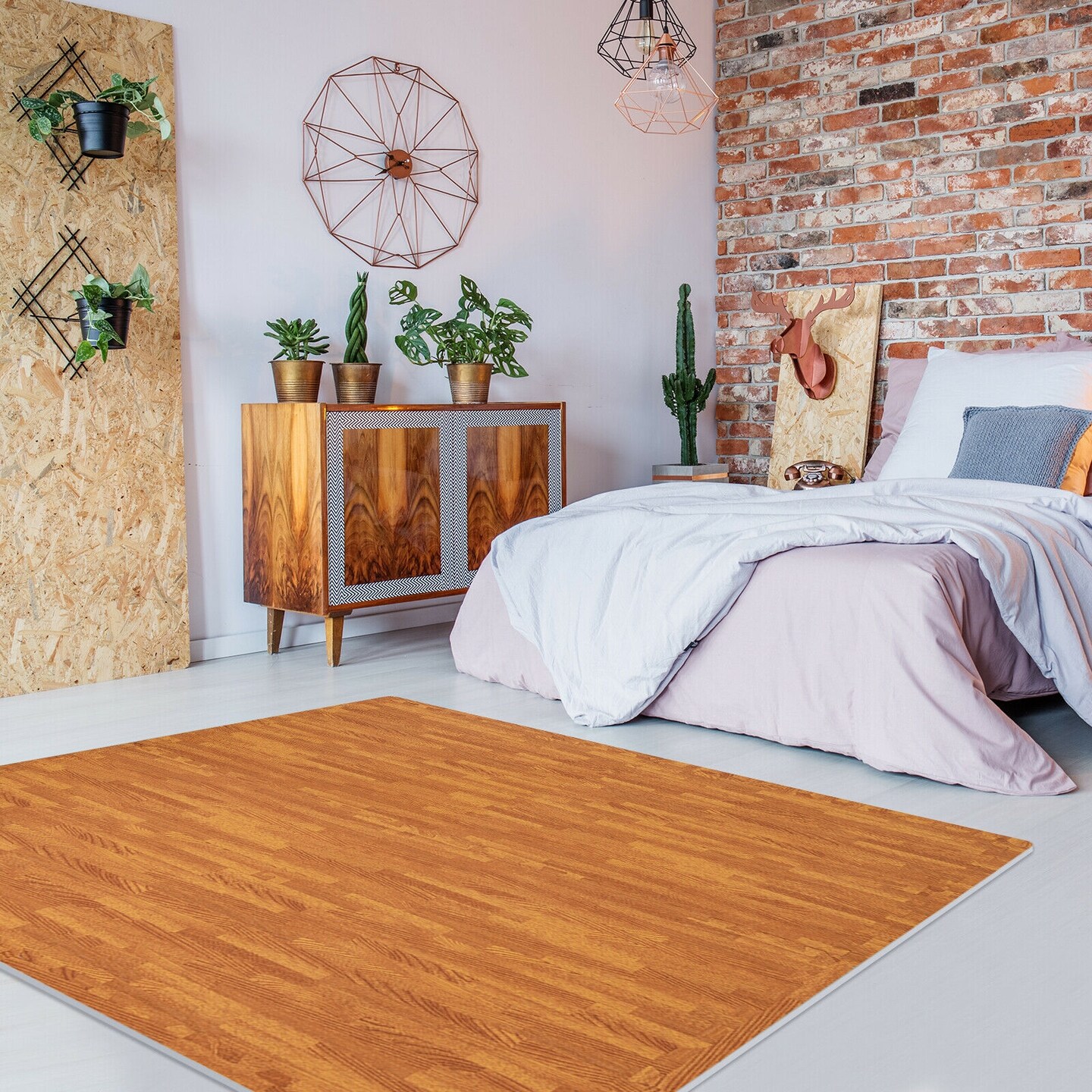 12 Pieces Wood Grain Interlocking Floor Mats with 2 Detachable Border Strips