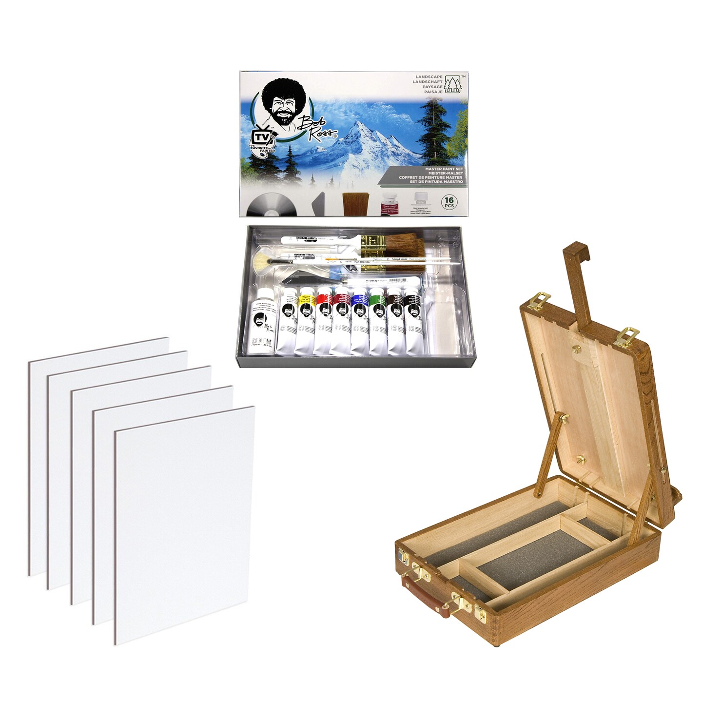 Master Artist Oil Paint Set Includes Wood Art Supply Carrying Case Sketchbox w/ Easel &#x26; 5-Pack 12x16 Canvas Panels For Painting
