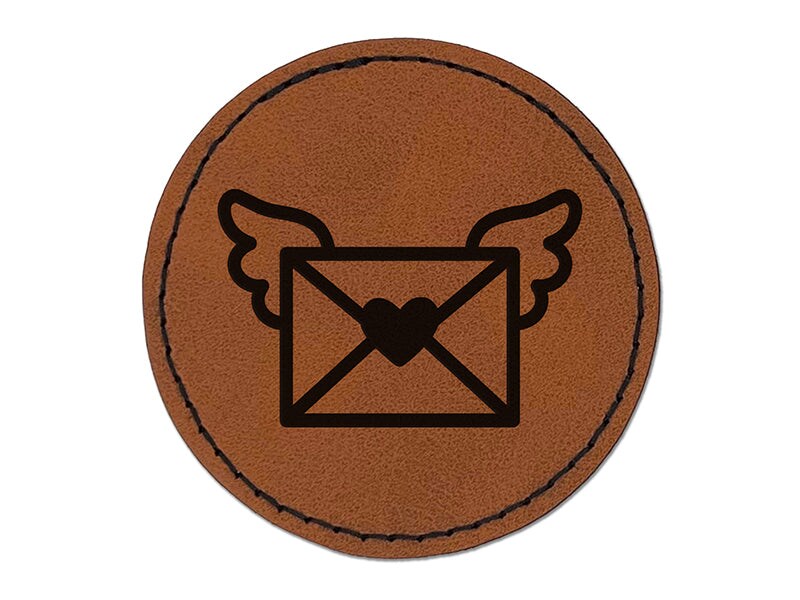 Envelope with Wings Heart Letter Mail Round Iron-On Engraved Faux Leather Patch Applique - 2.5&#x22;