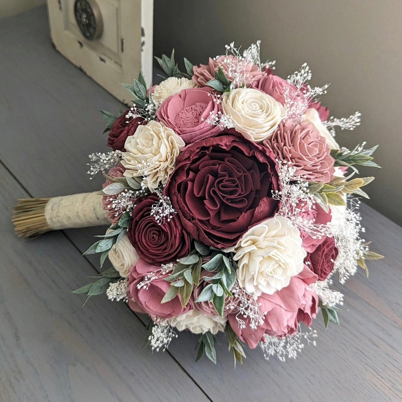 Sola flower bouquet, Petite Bouquet, Small Bouquet, Mini Bouquet, Toss  Bouquet, Bridesmaid Bouquet, Burgundy Bouquet, Wood Flowers