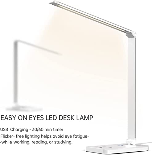 LED Desk Lamp with USB Charging Port, Dimmable Eye-Caring Reading Desk Light for Home, with 5 Brightness Level &#x26; 3 Lighting Modes, Touch Control, Auto Timer (White)