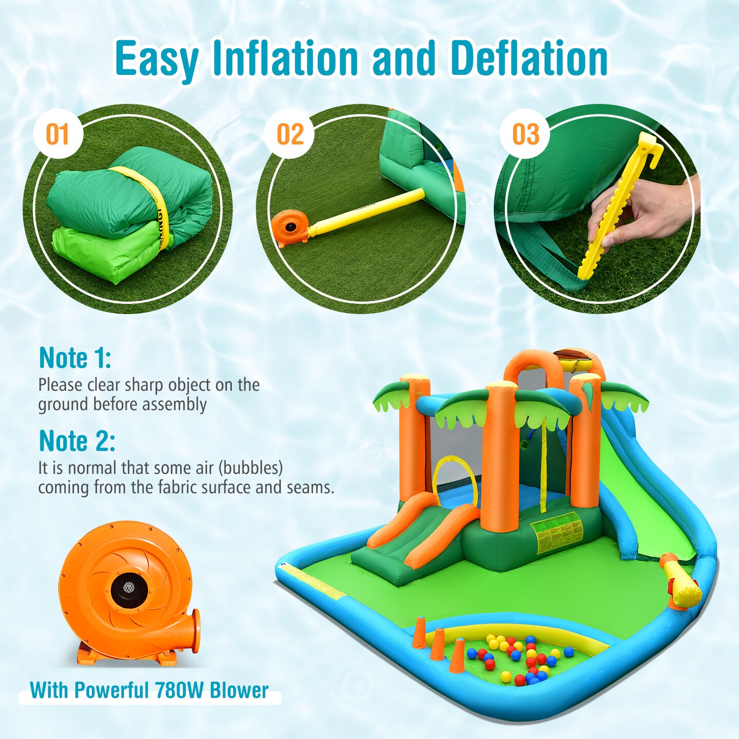 Kids Inflatable Water Slide with Coconut Palm Design Splash Pool and Tunnel Green Orange