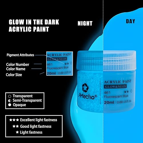 Artecho Glow in the Dark Paint - Set of 8 Colors, 20 ml / 0.7 oz Acrylic Paint for Decoration, Art Painting, Outdoor and Indoor Art Craft, Supplies for Canvas, Rock, Wood, Waterproof, Rich Pigments for Adults, Students, Kids
