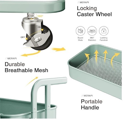 3 Tier Mini Foldable Rolling Cart, Metal Utility Cart with Wheels, 3 Hanging Cups and 6 Hooks, Folding Trolley for Living Room, Kitchen, Bathroom, Bedroom, and Office, Green, Small