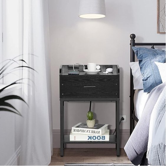 End tables with USB ports and outlets, black nightstand with charging station Small Side Table for Small Spaces, Bedroom, Modern Night Stand with Drawers and Open Shelf